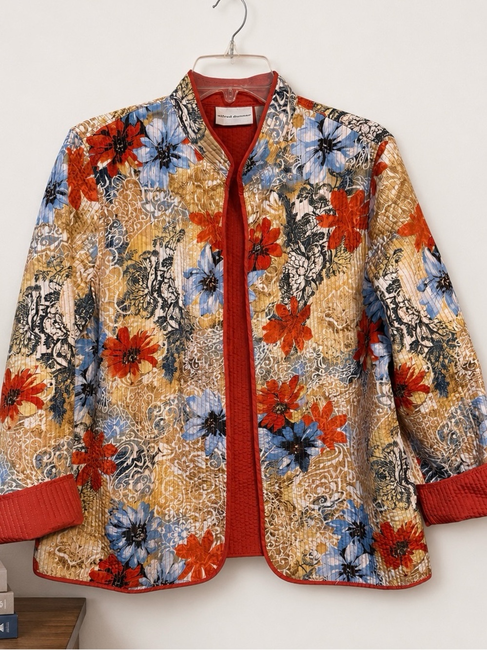 Vintage Quilted Floral Jacket Orange Denim Blue Eclectic XL